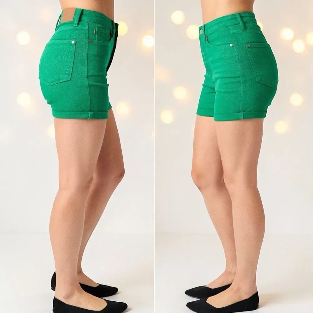 Judy Blue Shorts Green High Rise Tummy Control Cuffed Garment Dyed Stretch Denim